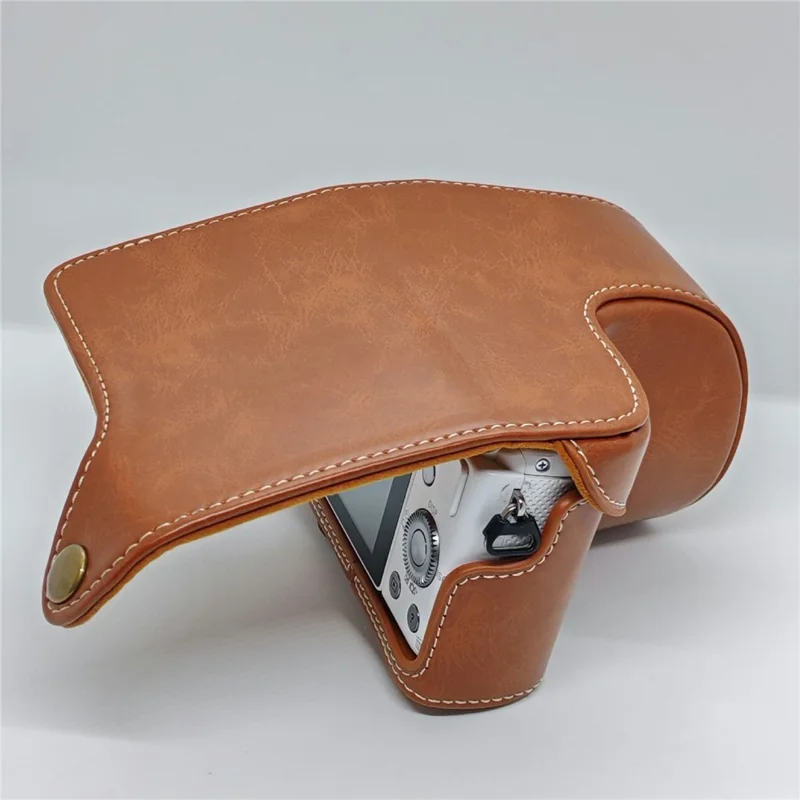 Retro kameraväska i PU-läder till Sony A5000 / A5100 / NEX3N, vit söm, kameraväska med axelrem, mjuk mikrofiberfodrad skyddsväska - Brun