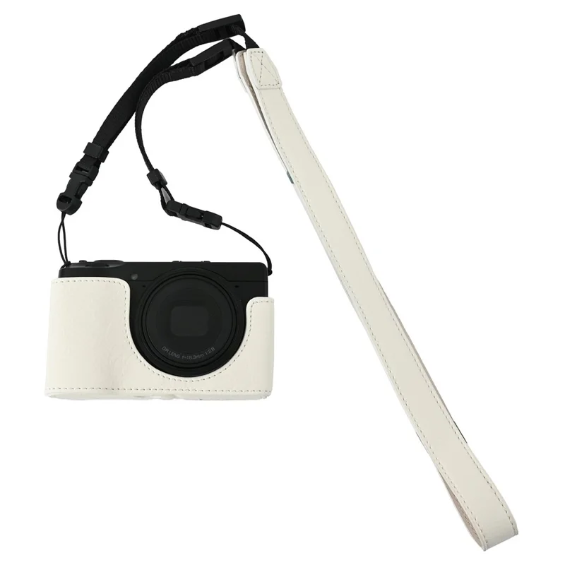 للكاميرا ريكو GR III / GR IV حقيبة حماية قاعدية من جلد PU بنمط الليتشي مع حزام كتف ووصول للبطارية - أبيض