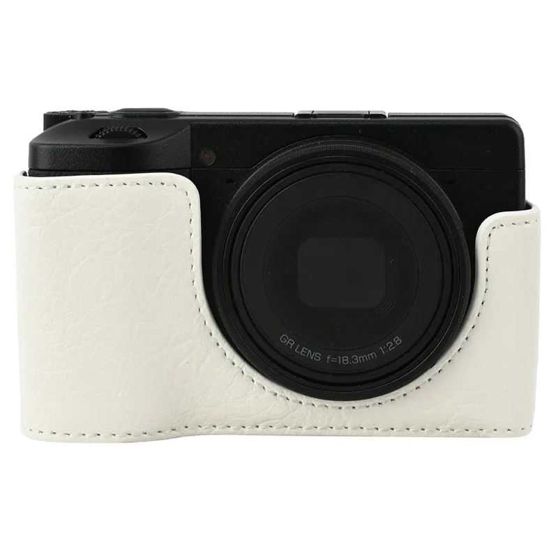 للكاميرا ريكو GR III / GR IV حقيبة حماية قاعدية من جلد PU بنمط الليتشي مع حزام كتف ووصول للبطارية - أبيض