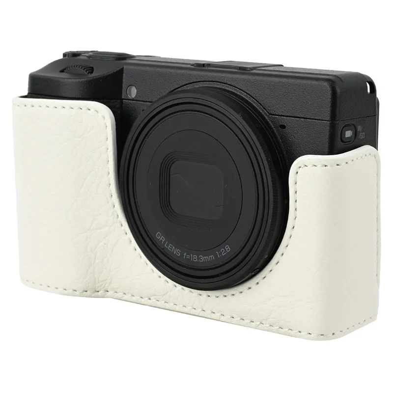 للكاميرا ريكو GR III / GR IV حقيبة حماية قاعدية من جلد PU بنمط الليتشي مع حزام كتف ووصول للبطارية - أبيض