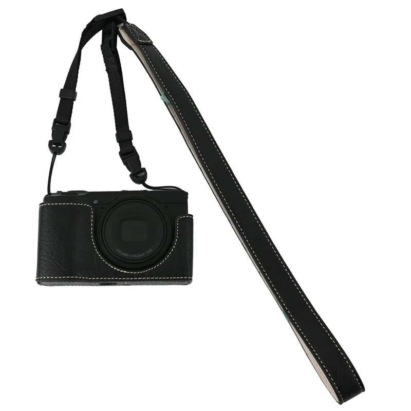 For Ricoh GR III  /  GR IV Litchi Camera Base Protective Camera Case with Shoulder Strap and Battery Access - Black
