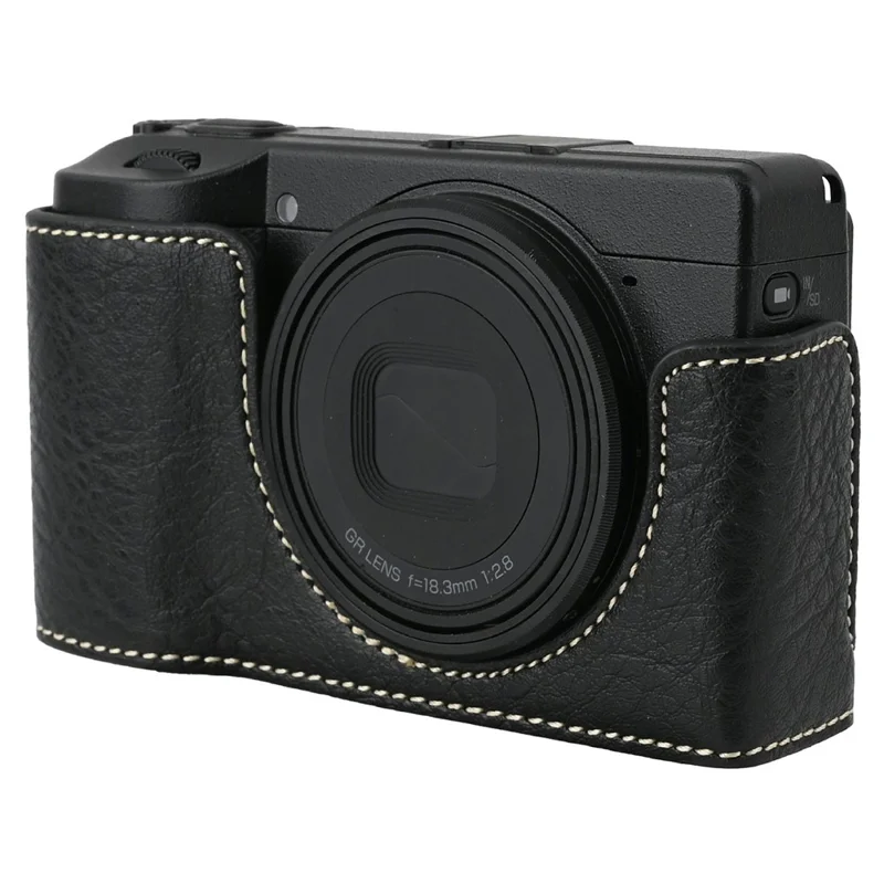 For Ricoh GR III  /  GR IV Litchi Camera Base Protective Camera Case with Shoulder Strap and Battery Access - Black