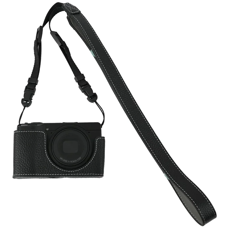 For Ricoh GR III  /  GR IV Camera Case Genuine Leather Base with Shoulder Strap and Tripod Screw Hole - Black