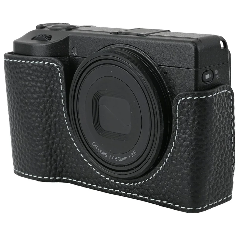 For Ricoh GR III  /  GR IV Camera Case Genuine Leather Base with Shoulder Strap and Tripod Screw Hole - Black