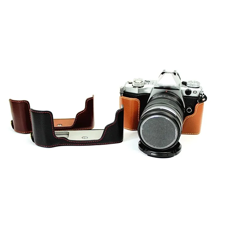 For Olympus E-M5 II/E-M5 Mark II Genuine Leather Half Body Case Battery Opening Protective Cover - Black