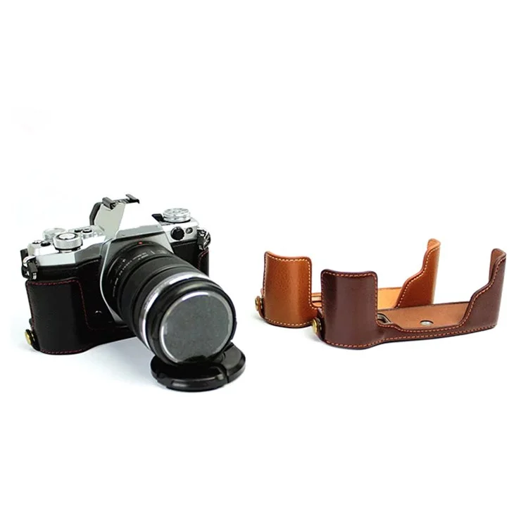For Olympus E-M5 II/E-M5 Mark II Genuine Leather Half Body Case Battery Opening Protective Cover - Black