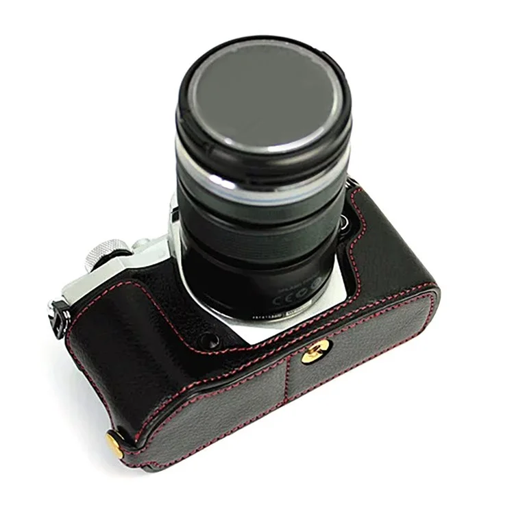 For Olympus E-M5 II/E-M5 Mark II Genuine Leather Half Body Case Battery Opening Protective Cover - Black