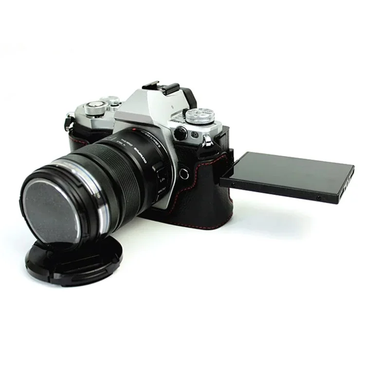 For Olympus E-M5 II/E-M5 Mark II Genuine Leather Half Body Case Battery Opening Protective Cover - Black