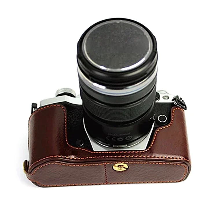 Para Olympus E-M5 II/E-M5 Mark II Funda de Cuero Genuino para Mitad del Cuerpo Cubierta Protectora de Apertura de Batería - Café