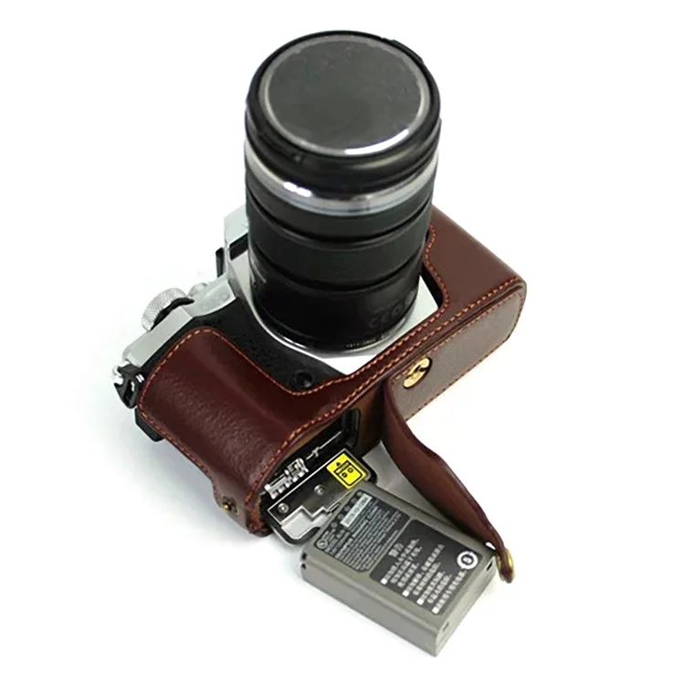 Para Olympus E-M5 II/E-M5 Mark II Funda de Cuero Genuino para Mitad del Cuerpo Cubierta Protectora de Apertura de Batería - Café