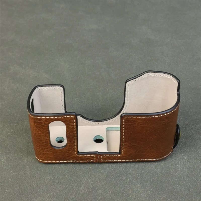 Til Fujifilm X Halv Kamerataske med Bukketrækstof, Læderbeskyttelsesdæksel med Batteriåbning - Kaffe