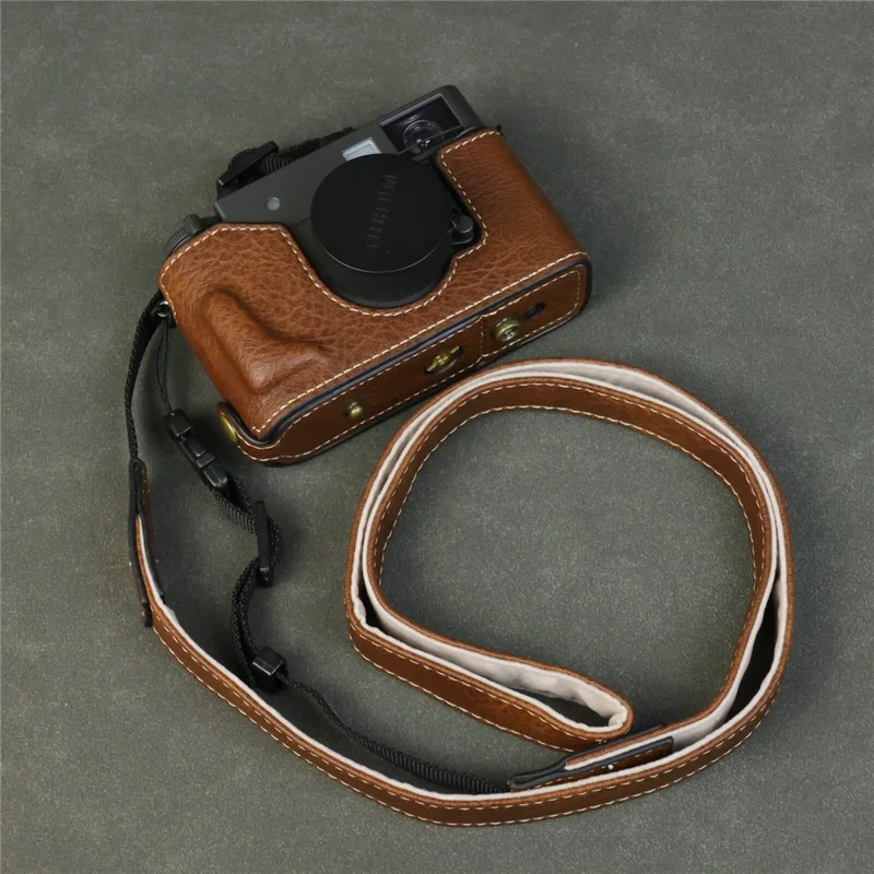 Til Fujifilm X Halv Kamerataske med Bukketrækstof, Læderbeskyttelsesdæksel med Batteriåbning - Kaffe