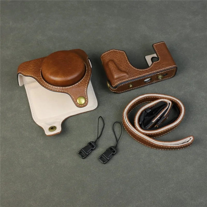 Til Fujifilm X Halv Kamerataske med Bukketrækstof, Læderbeskyttelsesdæksel med Batteriåbning - Kaffe