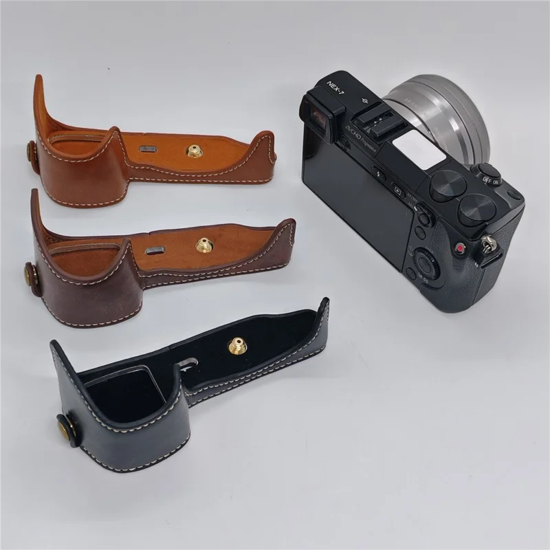 غطاء كاميرا نصف جسم لسوني NEX-7 / NEX-6 مع إمكانية الوصول إلى البطارية، غطاء سفلي من جلد البولي يوريثان - أسود