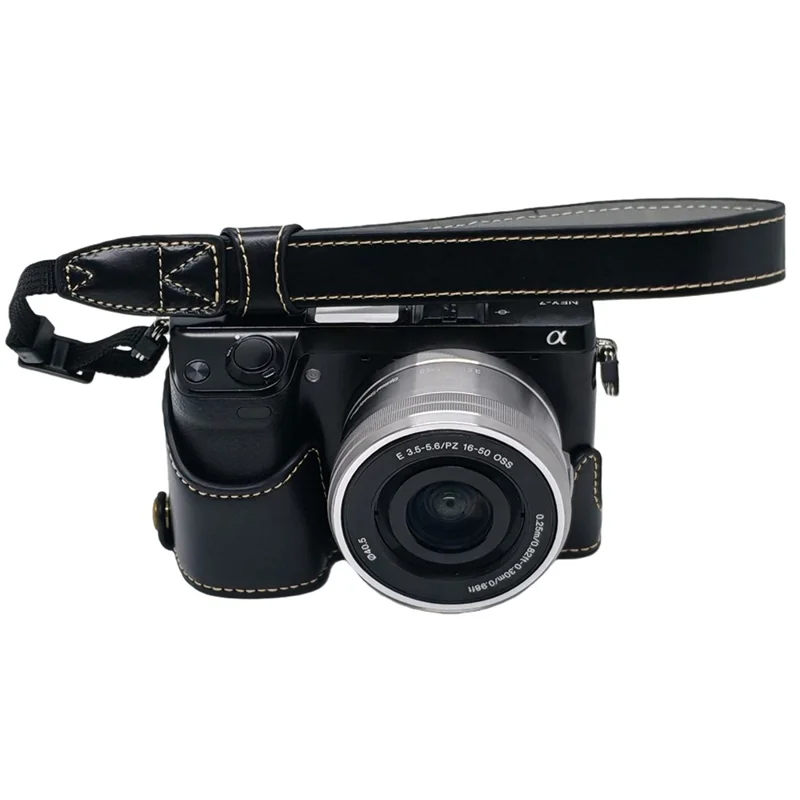 For Sony NEX-7 / NEX-6 PU Leather Camera Case Battery Opening Design Half Body Cover with Hand Strap - Black