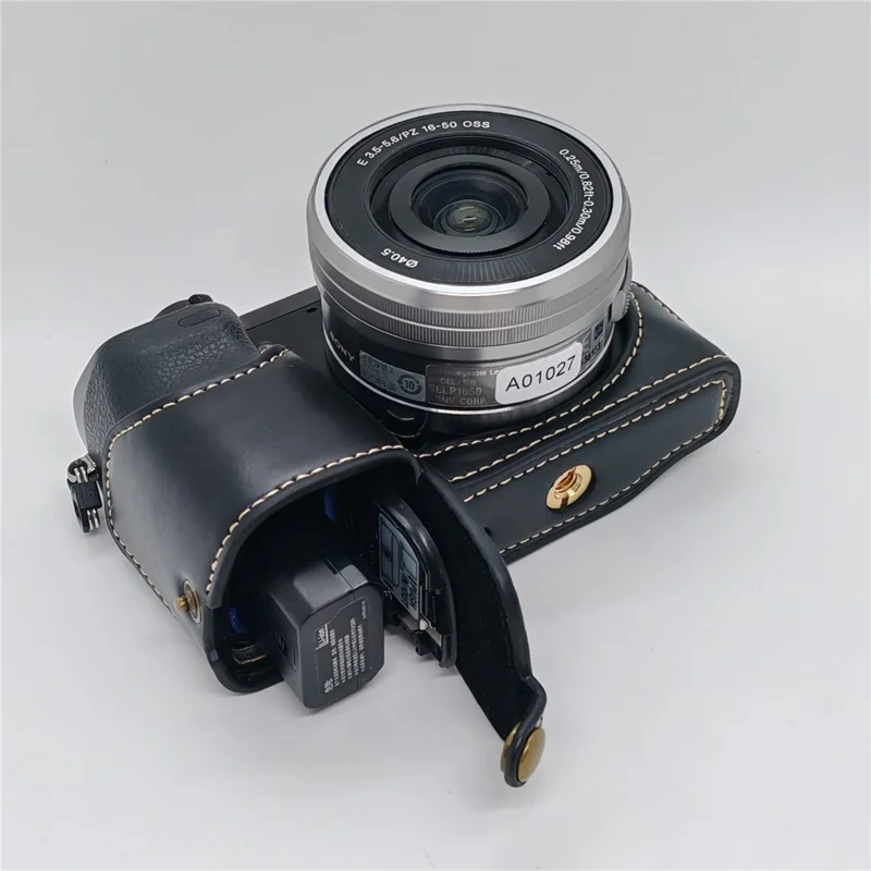 For Sony NEX-7 / NEX-6 PU Leather Camera Case Battery Opening Design Half Body Cover with Hand Strap - Black