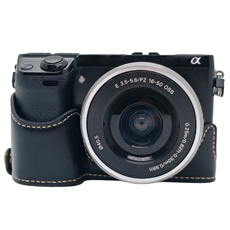 For Sony NEX-7 / NEX-6 PU Leather Camera Case Battery Opening Design Half Body Cover with Hand Strap - Black