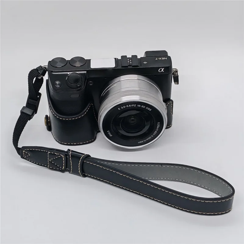 For Sony NEX-7 / NEX-6 PU Leather Camera Case Battery Opening Design Half Body Cover with Hand Strap - Black