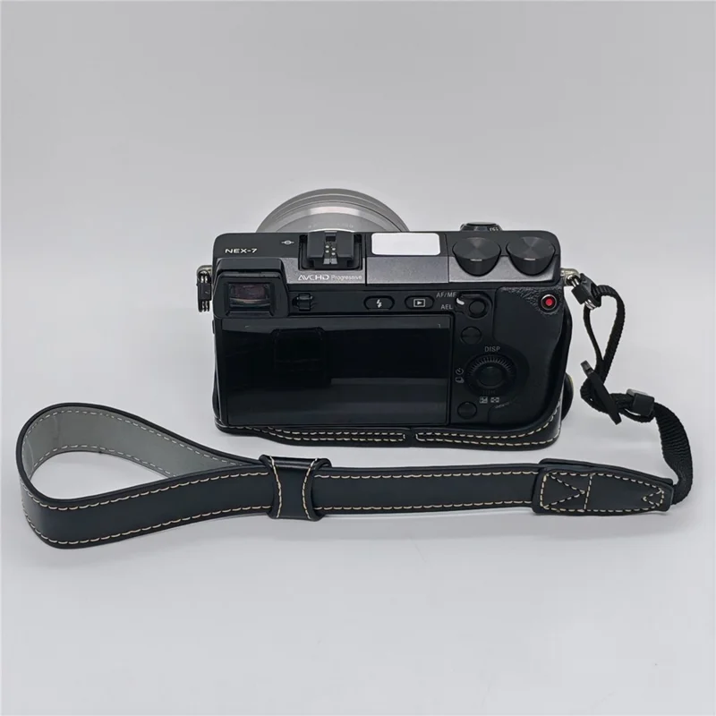 For Sony NEX-7 / NEX-6 PU Leather Camera Case Battery Opening Design Half Body Cover with Hand Strap - Black