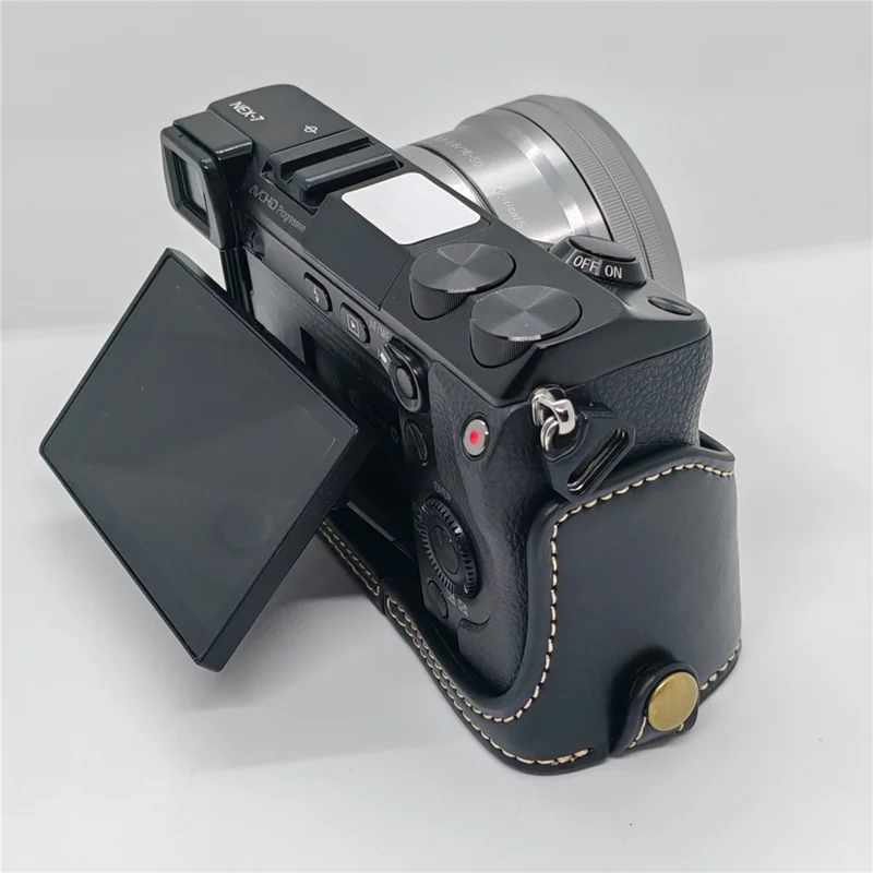 For Sony NEX-7 / NEX-6 PU Leather Camera Case Battery Opening Design Half Body Cover with Hand Strap - Black
