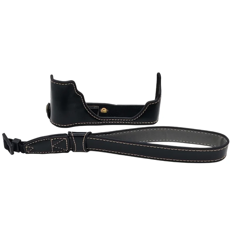 For Fujifilm X70 Camera Bottom Case with Hand Strap Battery Opening PU Leather Half Cover - Black