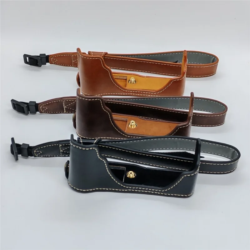 For Fujifilm X70 Camera Bottom Case with Hand Strap Battery Opening PU Leather Half Cover - Black