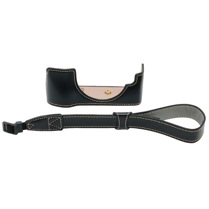 Für Olympus PEN E-P5 Kamera-Unterseite-Case mit Handschlaufe, Batteriefach, PU-Leder-Halbcouver - Schwarz