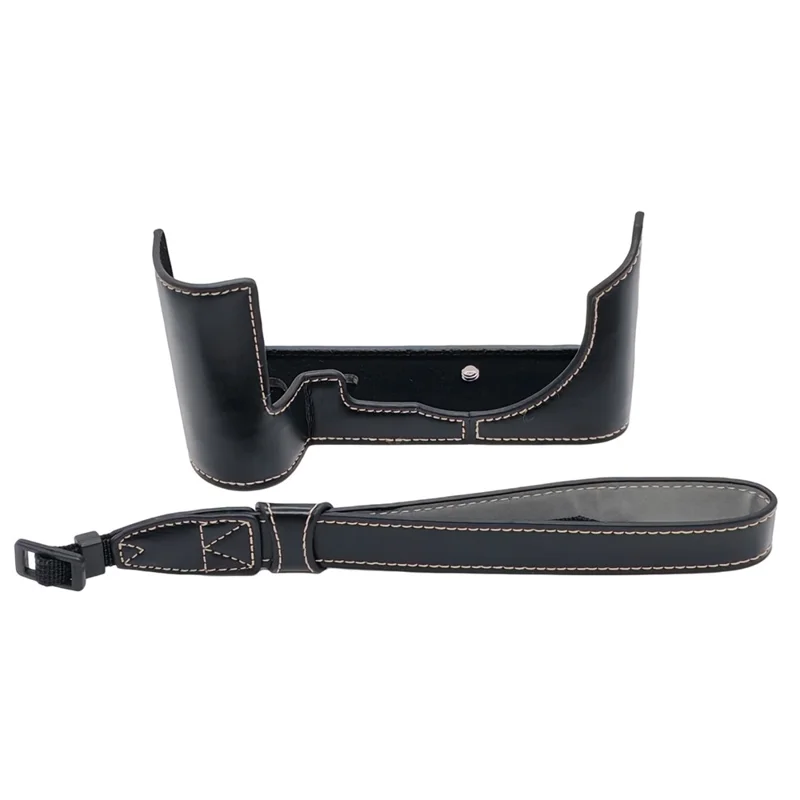 Coque demi-housse pour appareil photo Leica SL2 en cuir PU avec poignée et sangle de poignet, design avec ouverture inférieure - Noir
