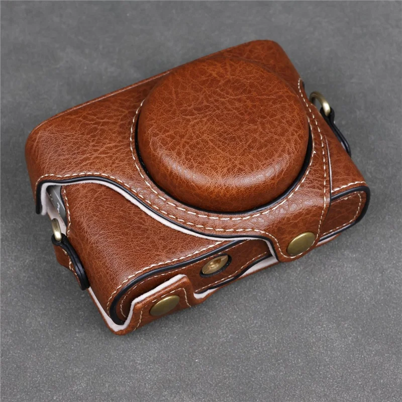 Bolsa para Câmara Canon SX740 HS / SX730 HS / SX720 HS, Capa em Couro Sintético com Textura de Bufalo e Alça de Ombro - Café