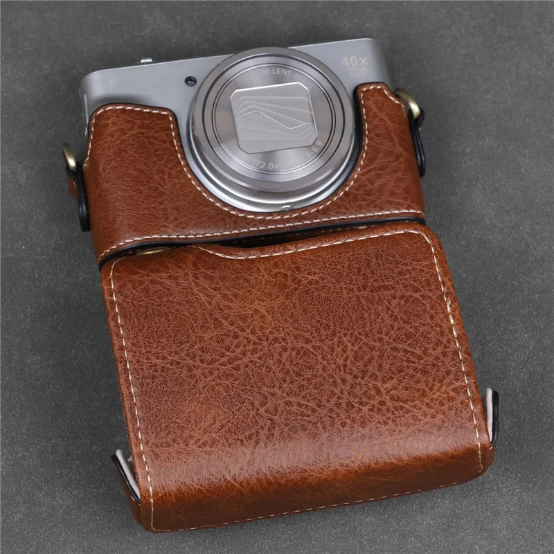 Bolsa para Câmara Canon SX740 HS / SX730 HS / SX720 HS, Capa em Couro Sintético com Textura de Bufalo e Alça de Ombro - Café