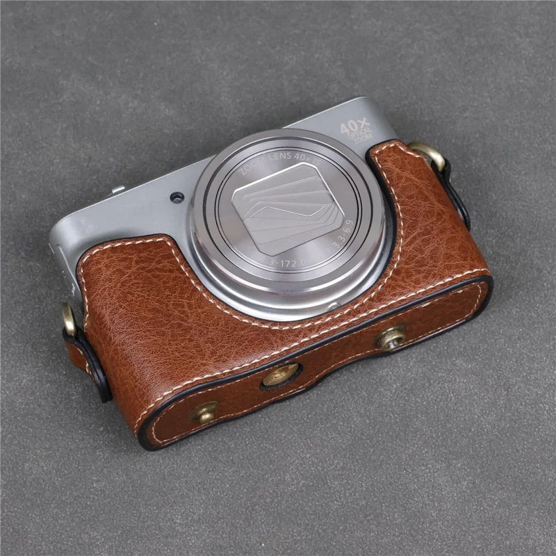Bolsa para Câmara Canon SX740 HS / SX730 HS / SX720 HS, Capa em Couro Sintético com Textura de Bufalo e Alça de Ombro - Café