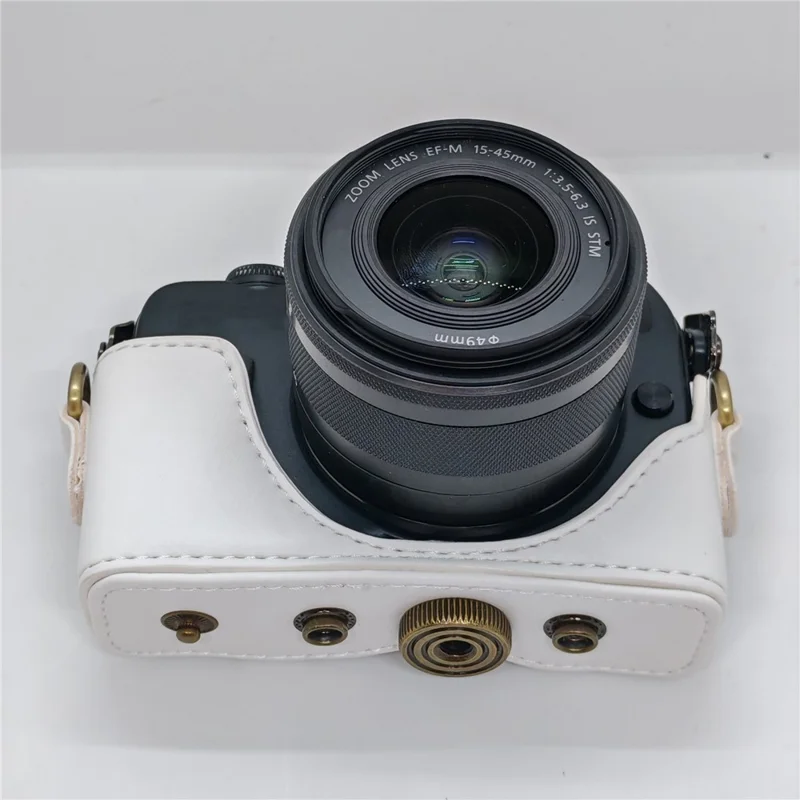 حقيبة كاميرا كانون EOS M / M10 / M100 / M200 بتصميم كلاسيكي من جلد PU مع غطاء واقي وحزام كتف - أبيض