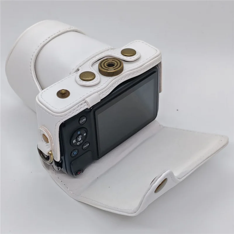 حقيبة كاميرا كانون EOS M / M10 / M100 / M200 بتصميم كلاسيكي من جلد PU مع غطاء واقي وحزام كتف - أبيض
