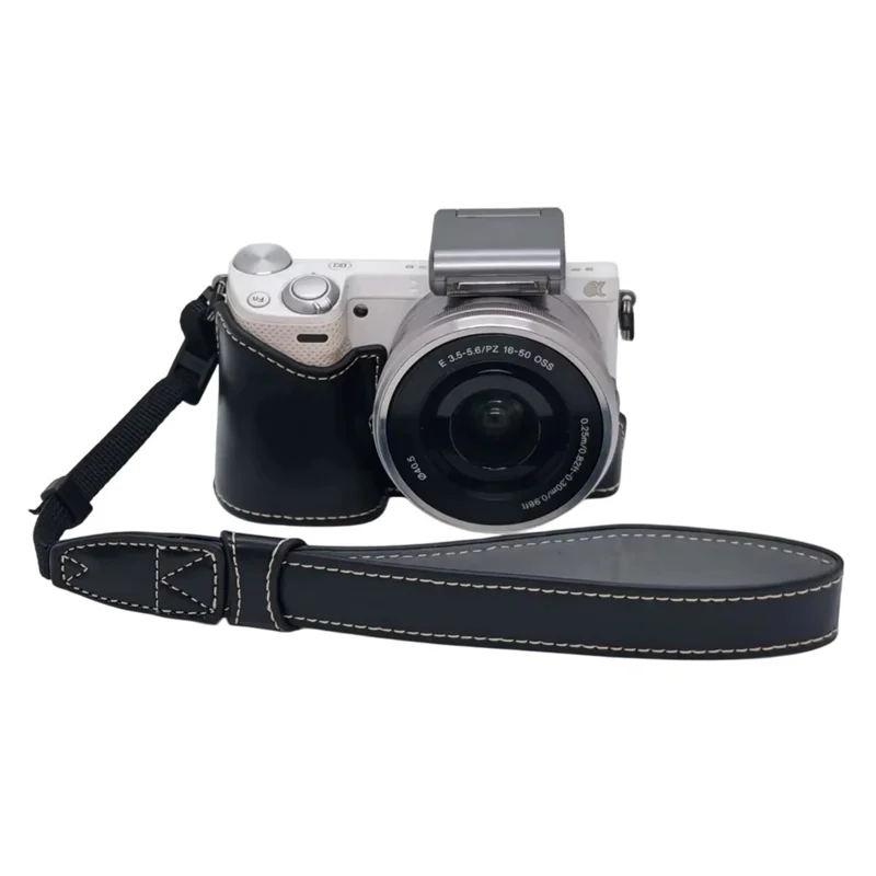 PU Leather Camera Half Case with Strap for Sony NEX-5  /  NEX-5C  /  NEX-5T  /  NEX-5R Camera Protective Cover with Battery Access Tripod Compatible Access - Black