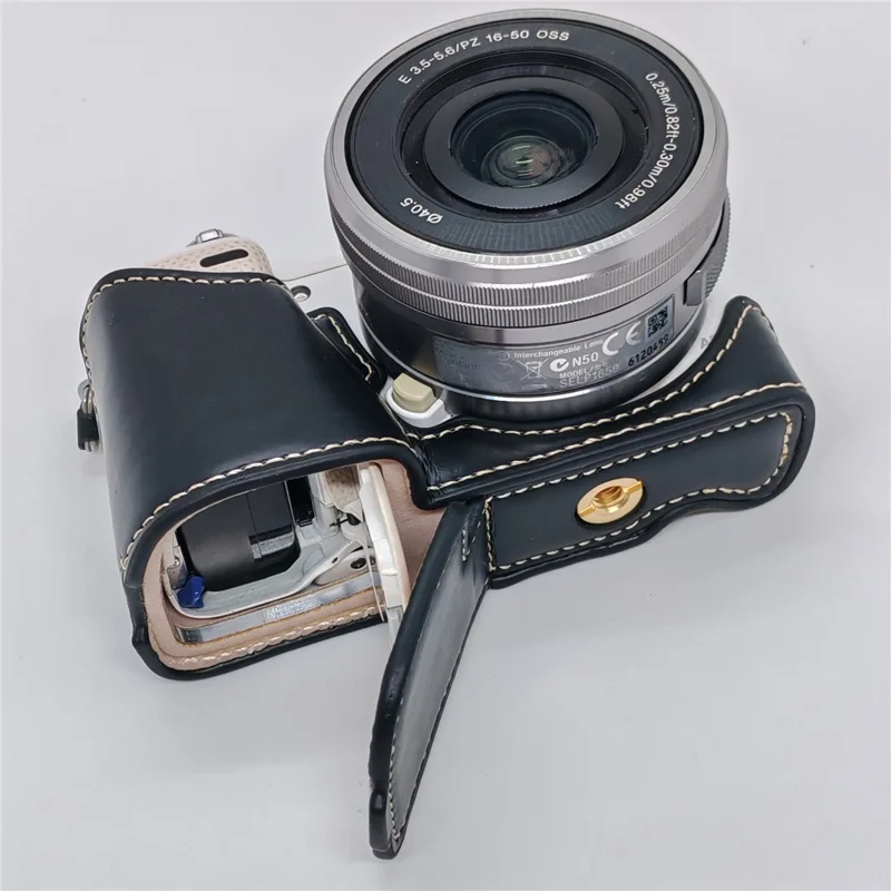 PU Leather Camera Half Case with Strap for Sony NEX-5  /  NEX-5C  /  NEX-5T  /  NEX-5R Camera Protective Cover with Battery Access Tripod Compatible Access - Black