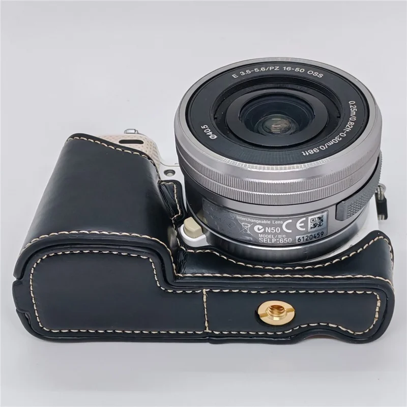 PU Leather Camera Half Case with Strap for Sony NEX-5  /  NEX-5C  /  NEX-5T  /  NEX-5R Camera Protective Cover with Battery Access Tripod Compatible Access - Black