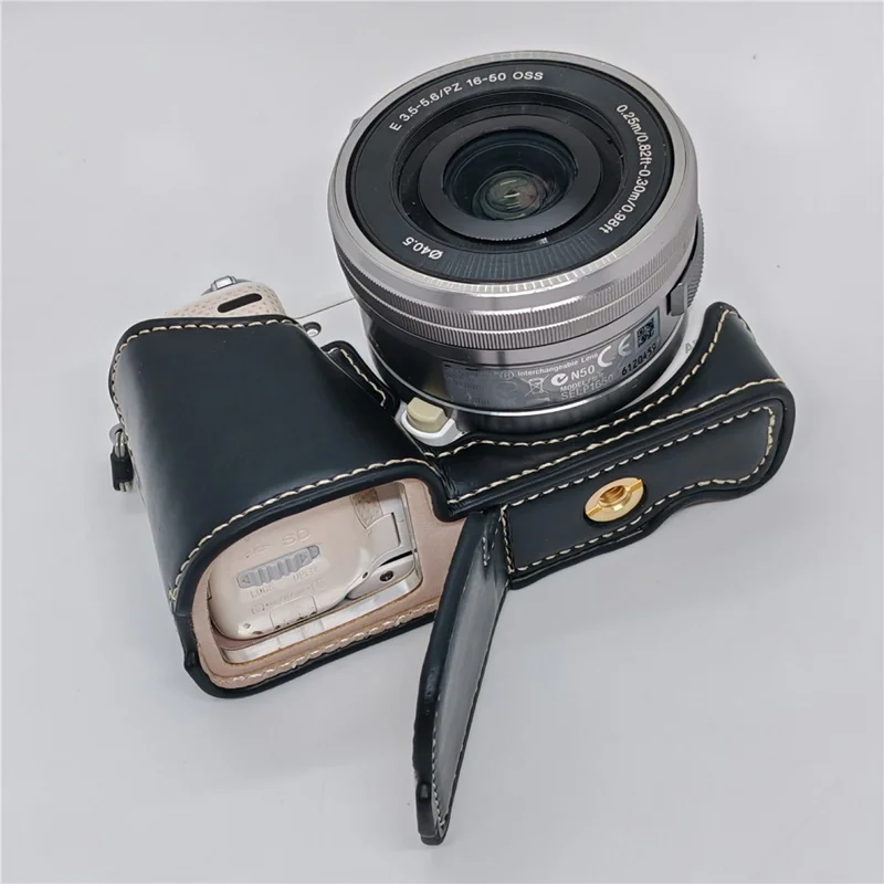 PU Leather Camera Half Case with Strap for Sony NEX-5  /  NEX-5C  /  NEX-5T  /  NEX-5R Camera Protective Cover with Battery Access Tripod Compatible Access - Black