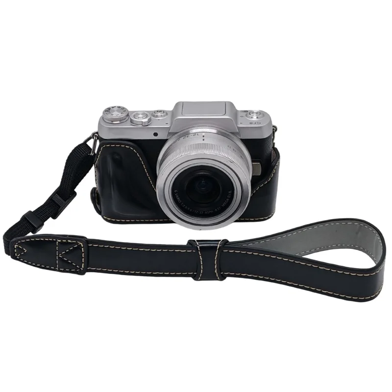 Camera Grip Case for Panasonic GF7  /  GF8  /  GF9  /  GF10 PU Leather Half Case with Wrist Strap Bottom Opening Design - Black
