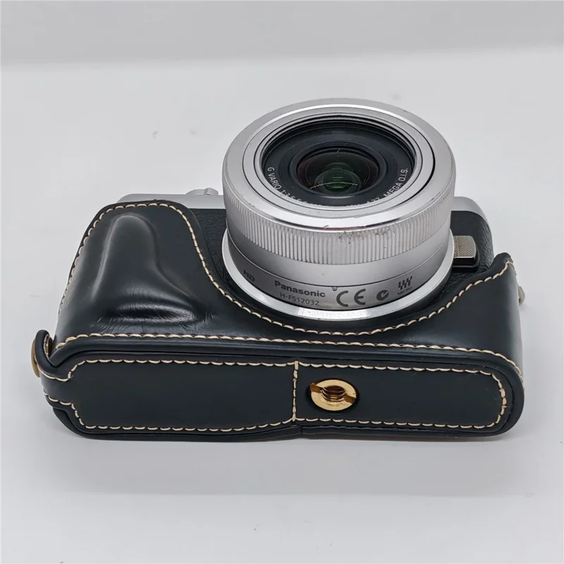 Camera Grip Case for Panasonic GF7  /  GF8  /  GF9  /  GF10 PU Leather Half Case with Wrist Strap Bottom Opening Design - Black