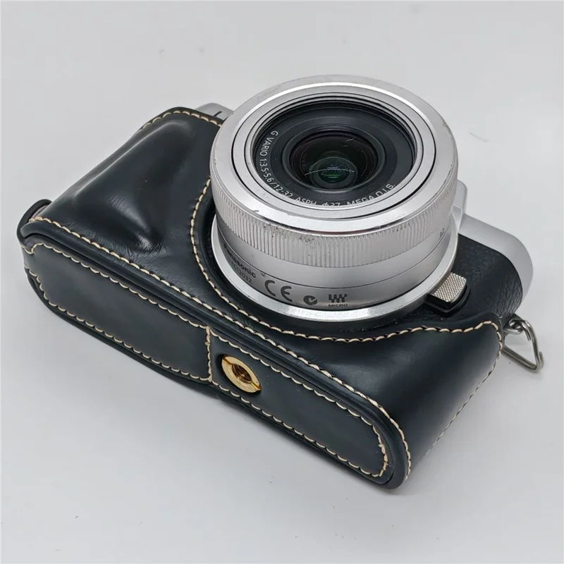 Camera Grip Case for Panasonic GF7  /  GF8  /  GF9  /  GF10 PU Leather Half Case with Wrist Strap Bottom Opening Design - Black