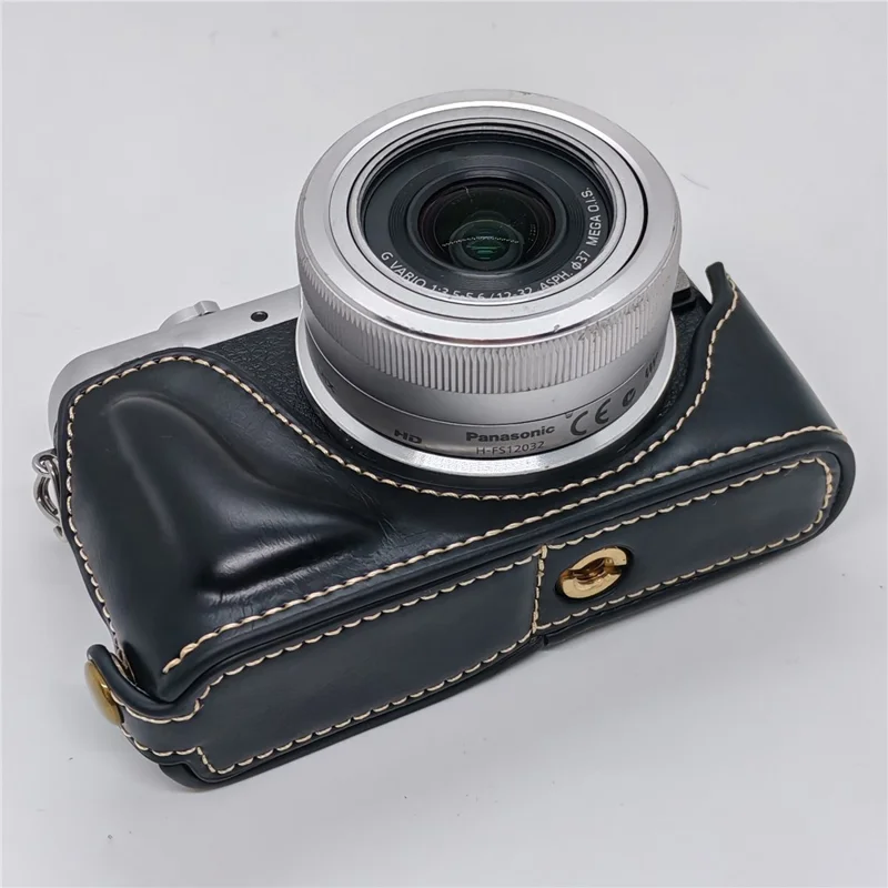 Camera Grip Case for Panasonic GF7  /  GF8  /  GF9  /  GF10 PU Leather Half Case with Wrist Strap Bottom Opening Design - Black