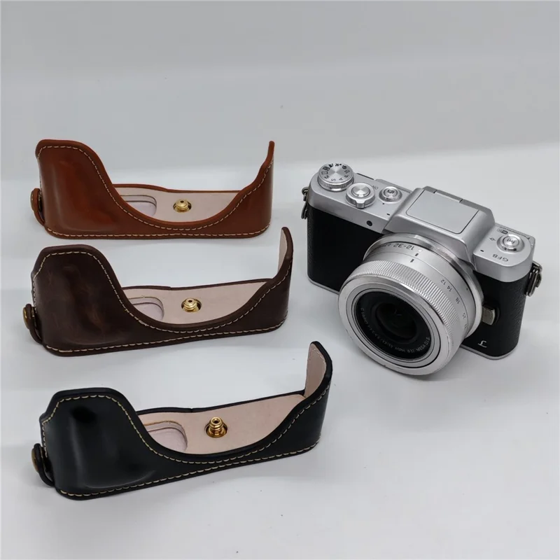 Camera Grip Case for Panasonic GF7  /  GF8  /  GF9  /  GF10 PU Leather Half Case with Wrist Strap Bottom Opening Design - Black