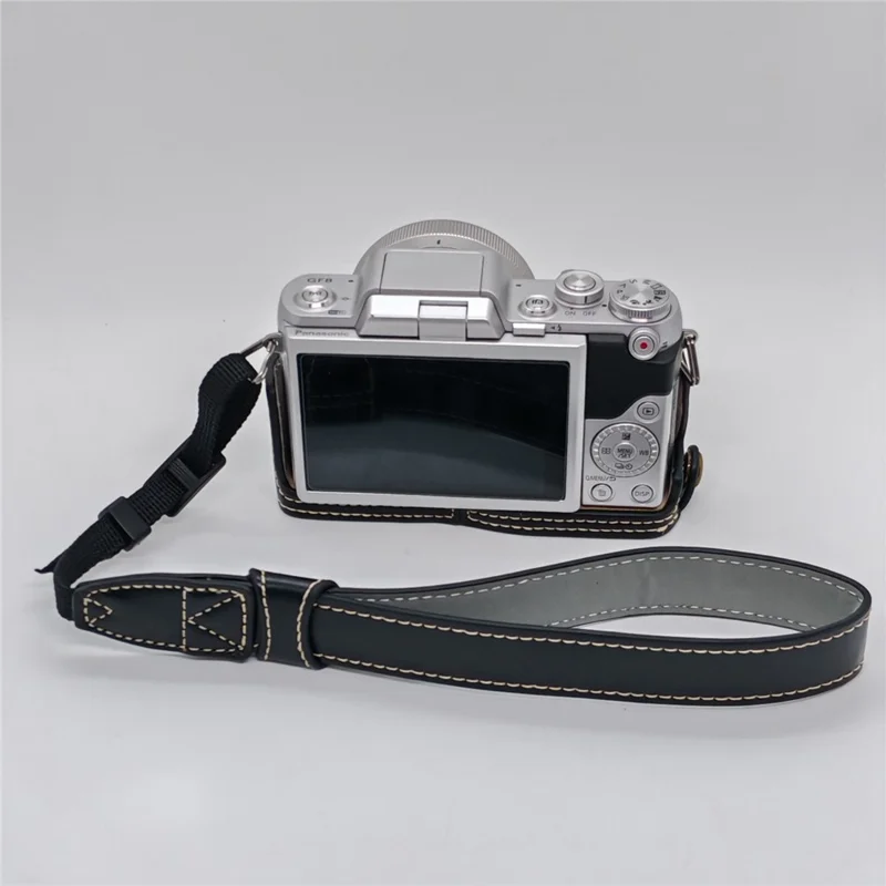 Camera Grip Case for Panasonic GF7  /  GF8  /  GF9  /  GF10 PU Leather Half Case with Wrist Strap Bottom Opening Design - Black