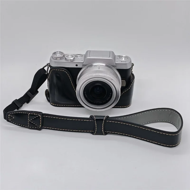 Camera Grip Case for Panasonic GF7  /  GF8  /  GF9  /  GF10 PU Leather Half Case with Wrist Strap Bottom Opening Design - Black