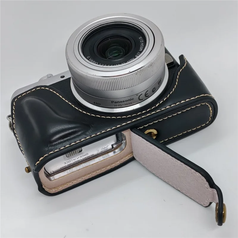 PU Leather Half Case for Panasonic GF7  /  GF8  /  GF9  /  GF10 Camera Bottom Opening Battery Access Protective Cover - Black