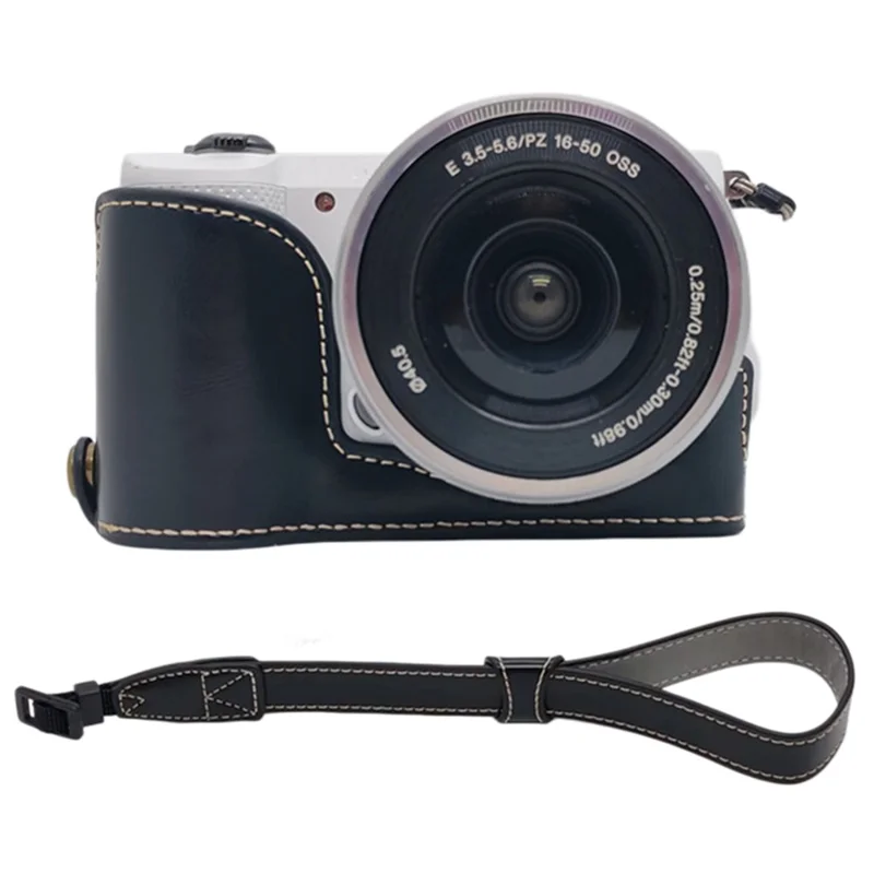 Sony A5000  /  A5100 Camera Bottom Case PU Leather Half Cover Battery Removable Design Protective Cover with Wrist Strap - Black