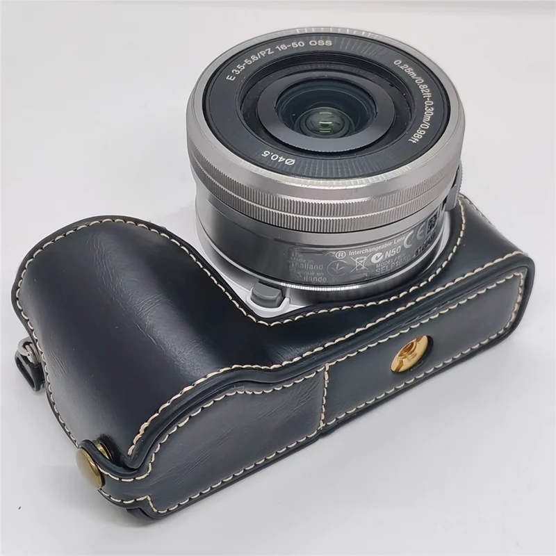 Sony A5000  /  A5100 Camera Bottom Case PU Leather Half Cover Battery Removable Design Protective Cover with Wrist Strap - Black