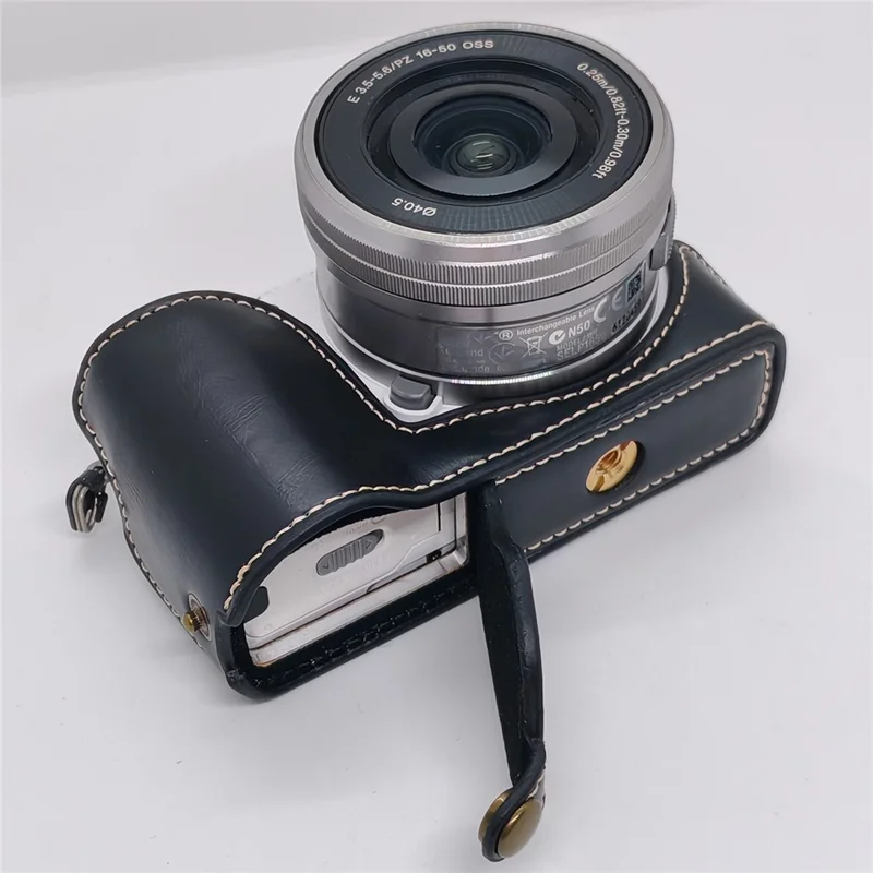 Sony A5000  /  A5100 Camera Bottom Case PU Leather Half Cover Battery Removable Design Protective Cover with Wrist Strap - Black