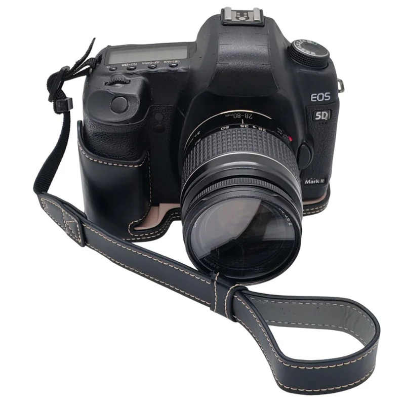 Half Case for Canon EOS 5D Mark II  /  Mark III  /  Mark IV Detachable Battery Design PU Leather Camera Grip Cover with Wrist Strap - Black