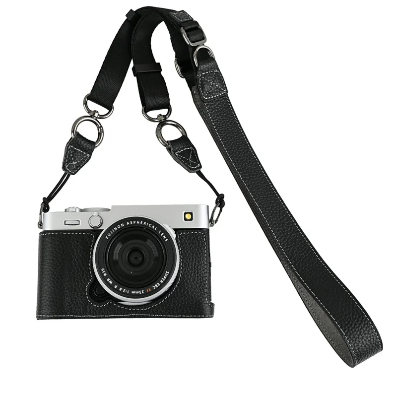 Voor Fujifilm X-E5 Camera-hoes van Echt Rundleder Beschermhoes met Toegang tot Batterij en Schouderriem - Zwart